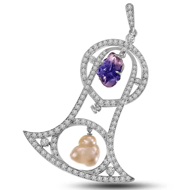 Bell shaped Diamond & Amethyst & Pearl Pendants in White Gold -White Gold