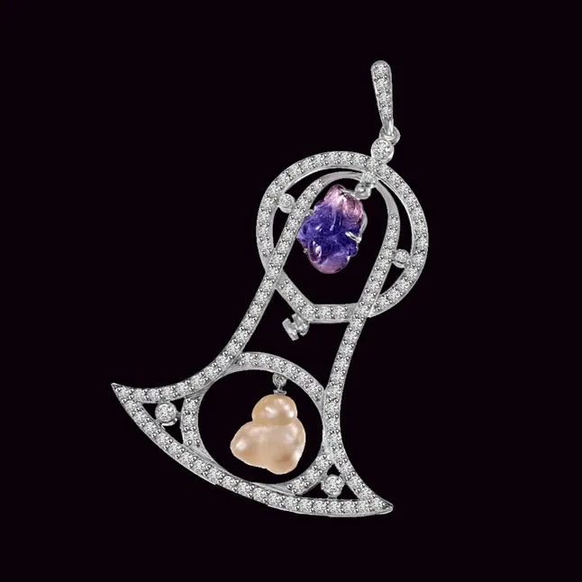 Bell Shaped Real Diamond & Amethyst & Pearl Pendant in White Gold (P832)