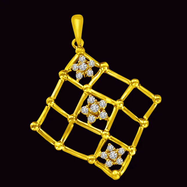 Chequered Gold Pendants with Small Flowers. -Flower Shape Pendants