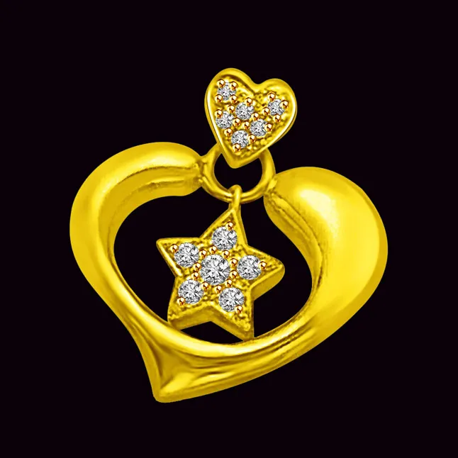 Star in my Heart 18kt Yellow Gold & Real Diamond Pendant for Lady Beautiful (P878)