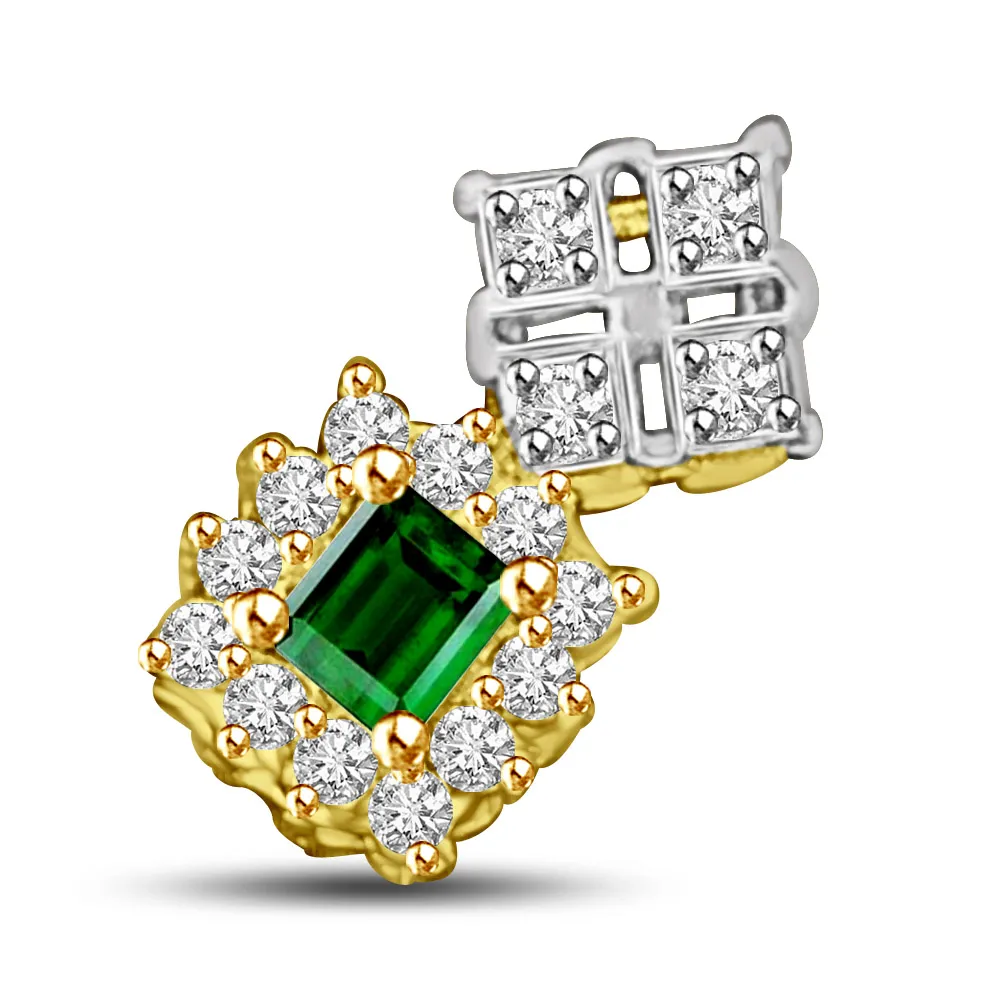 Green Emerald & Diamond Two tone Pendants in 18kt Gold