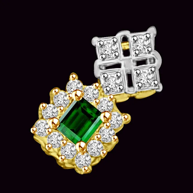 Green Emerald & Real Diamond Two tone Pendant in 18kt Yellow Gold (P913)