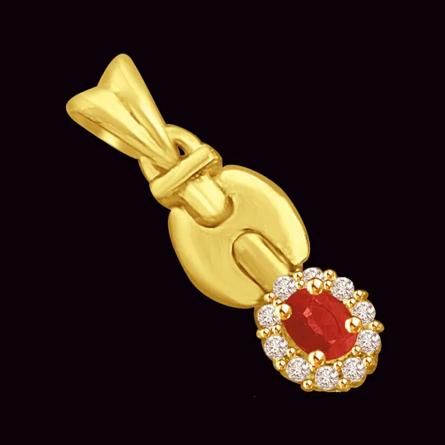 Red Oval Real Ruby & Clean White Diamond & Gold Pendant (P914)