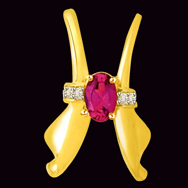 Real Oval Ruby & Diamond 18kt Yellow Gold Pendant for My Love (P947)