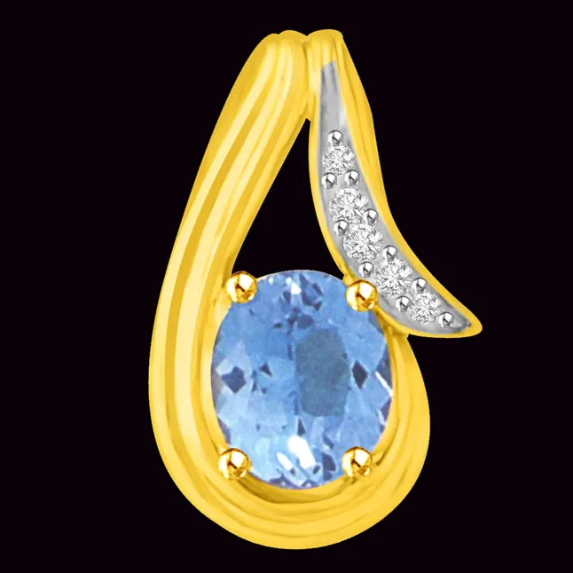 Blue Topaz & Real White Diamond & Gold Pendant for Her (P948)