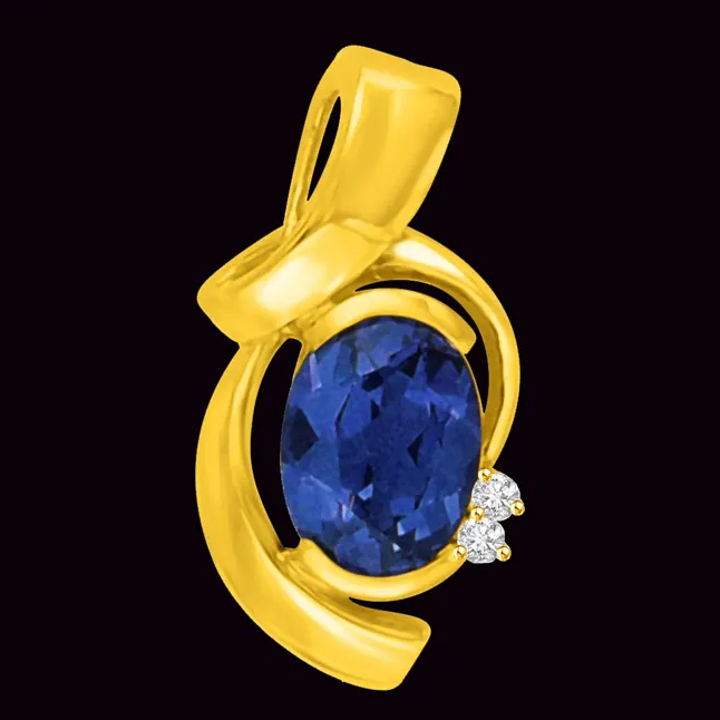 Real Oval Sapphire & Diamond Elegant 18kt Yellow Gold Pendant (P949)