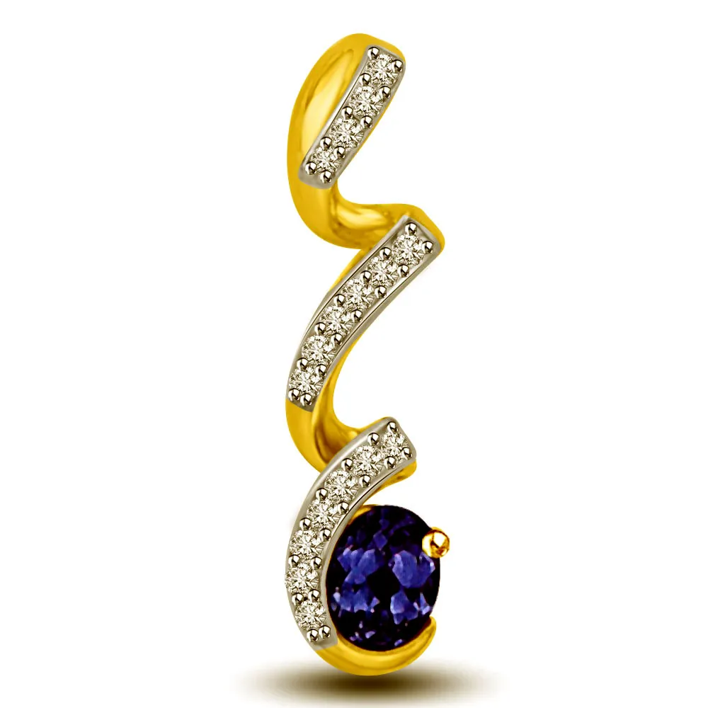 Falling Diamond & Oval Sapphire Two Tone Gold Pendants
