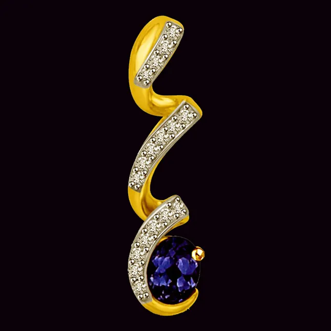 Falling Diamond & Oval Sapphire Two Tone Gold Pendants