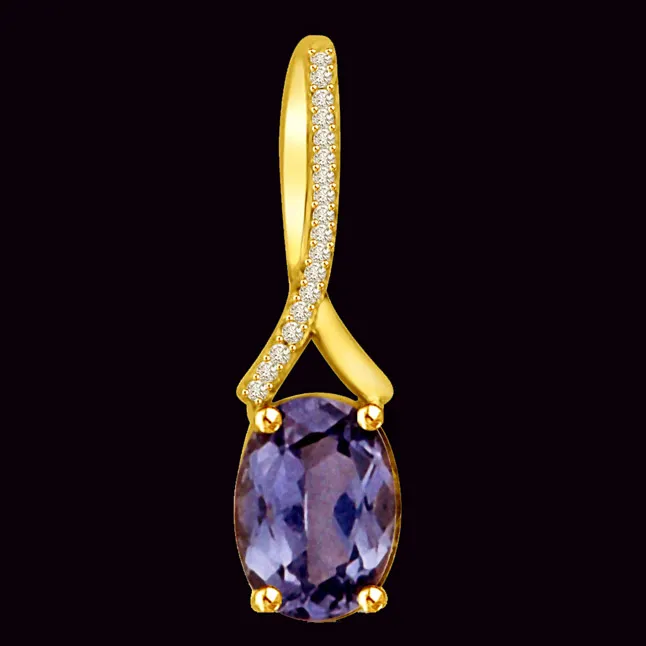 Blue Sapphire & Brilliant Real Diamond 18kt Yellow Gold Long Pendant (P953)