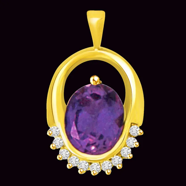 Real Oval Amethyst & Diamond Fire Gold Pendant for Her (P956)