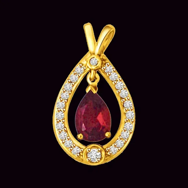 Hanging Real Ruby Surrounded by Real Diamond Gold Pendant (P958)