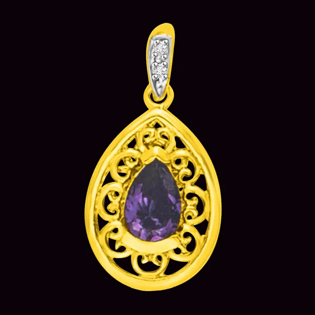 Real Pear Amethyst Filigree style Diamond Gold Pendant (P959)