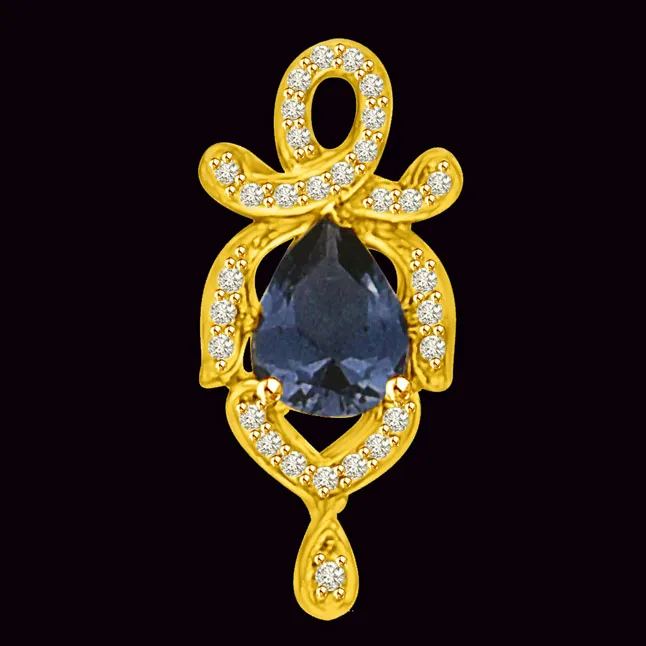 Real Diamond & Pear Sapphire 18kt Gold Pendant for Her (P961)