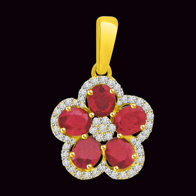 Real Red Ruby & Diamond Flower 18kt Yellow Gold Pendant for My Love (P985)