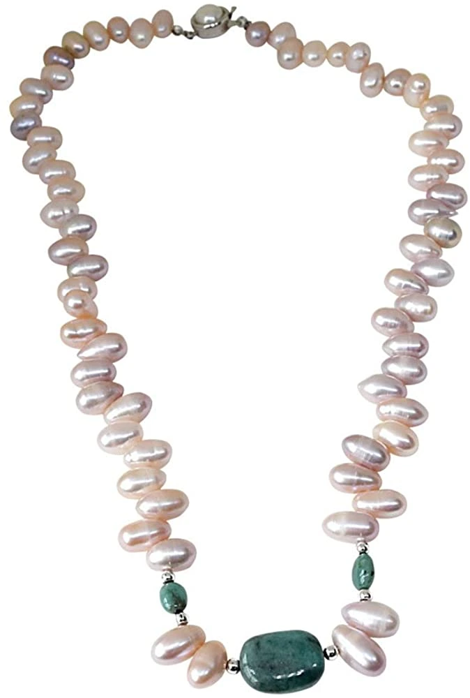 Single Line Oval Emerald & Drop Shaped Purple Pearl Necklace (PR7)