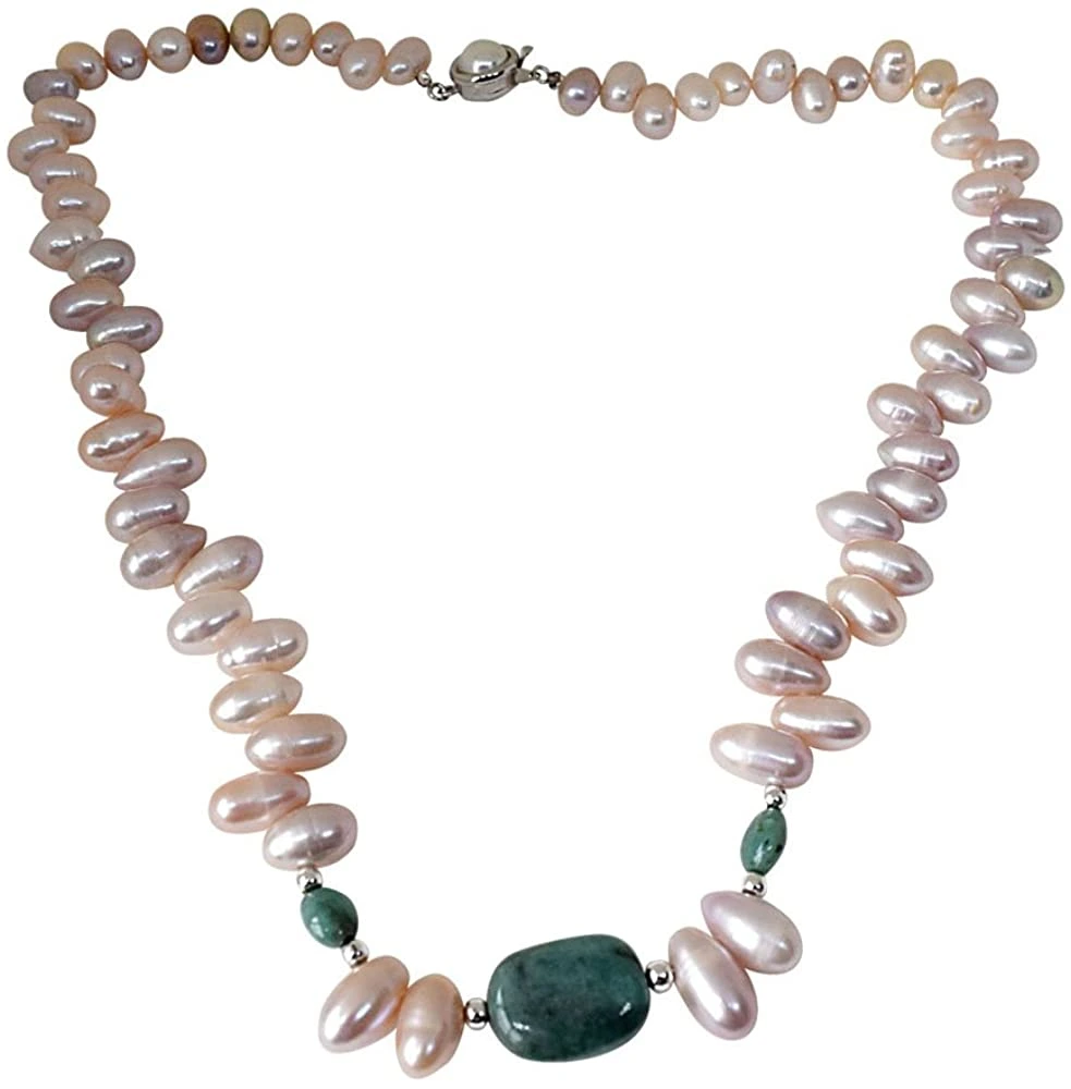 Single Line Oval Emerald & Drop Shaped Purple Pearl Necklace (PR7)