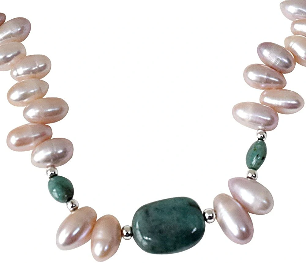 Single Line Oval Emerald & Drop Shaped Purple Pearl Necklace (PR7)