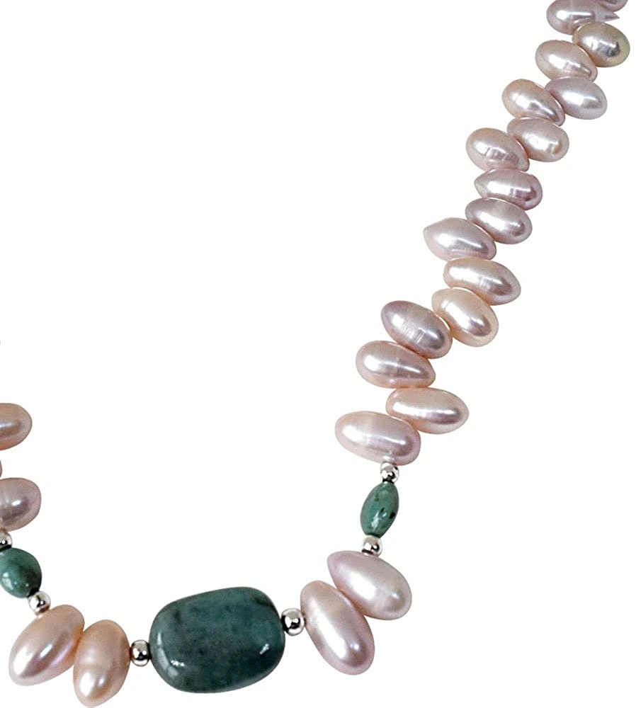 Single Line Oval Emerald & Drop Shaped Purple Pearl Necklace (PR7)