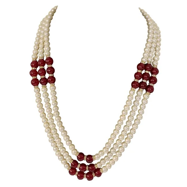 3 Line Shell Pearl & Coloured Stone Necklace (PS587)