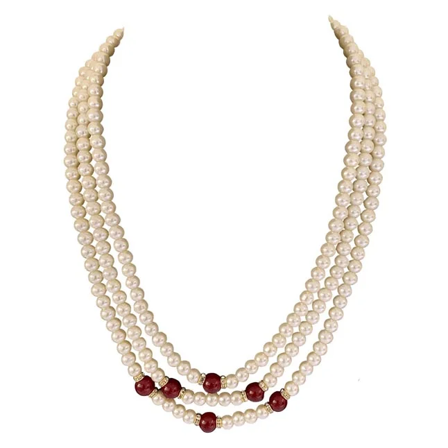Eclipse of Elegance: Tiered Shell Pearl & Crimson Bead Cascade Necklace (PS588)