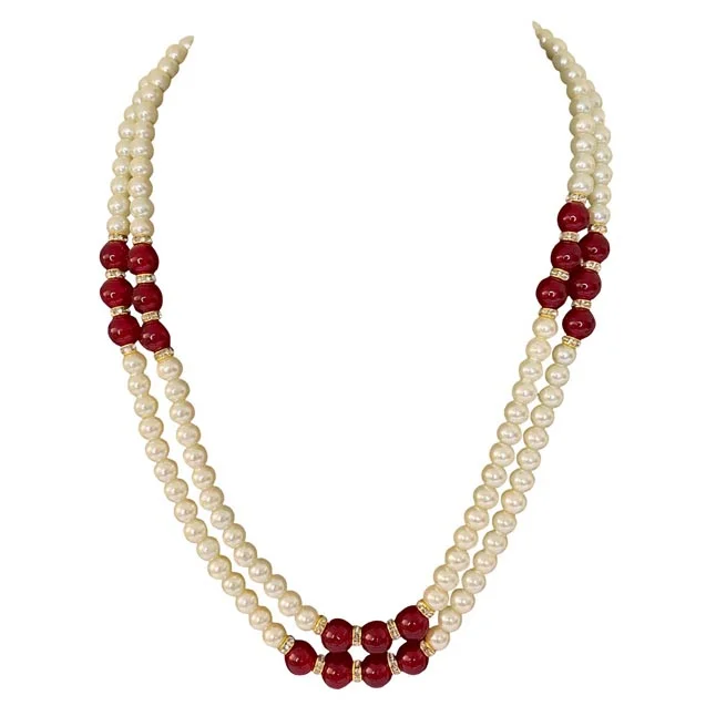 Crimson Harmony: Dual Strand Shell Pearl & Red Bead Symphony Necklace (PS589)