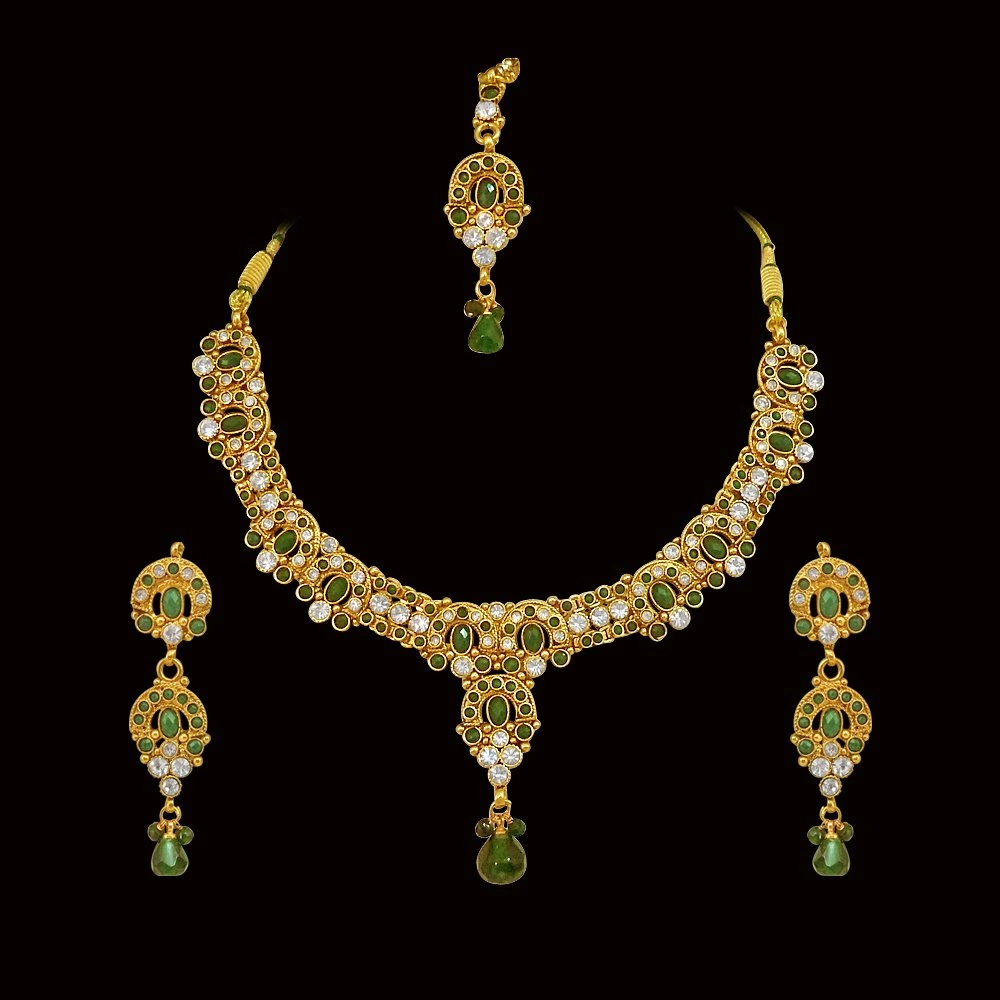 Green coloured Stone & Gold Plated Necklace Earrings Set