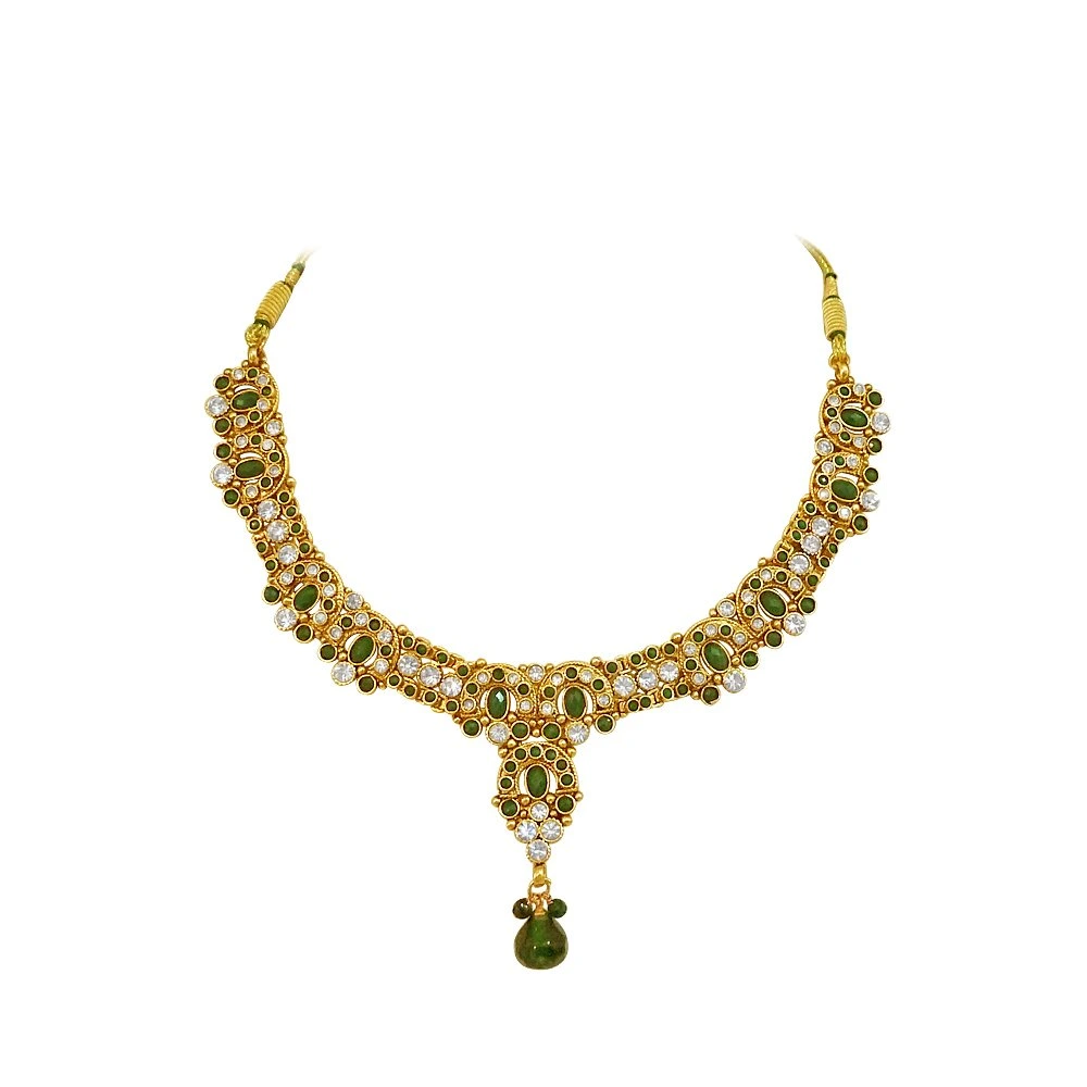 Green coloured Stone & Gold Plated Necklace Earrings Set