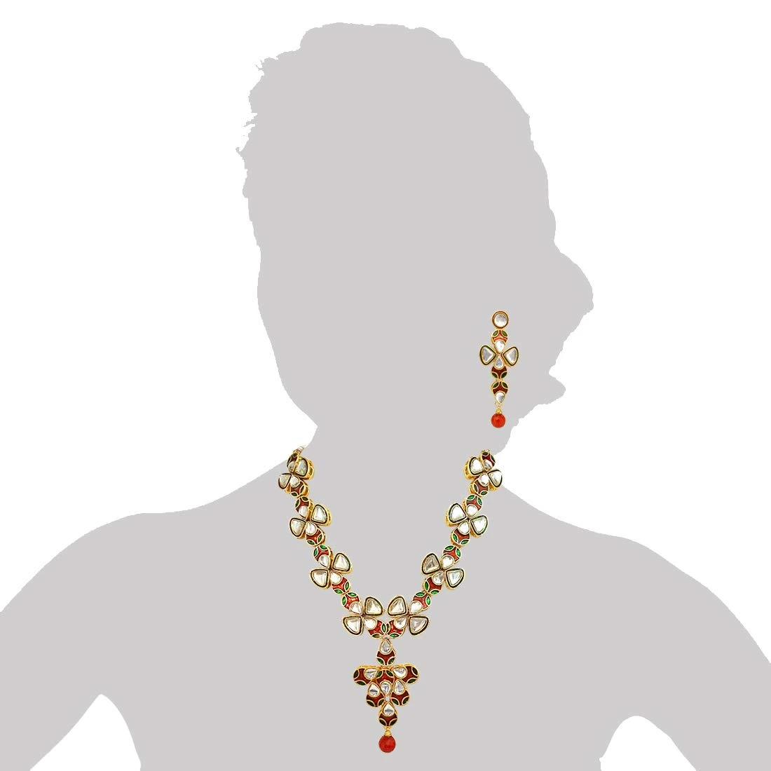 Traditional Red Green & White Polki Necklace Earrings Set
