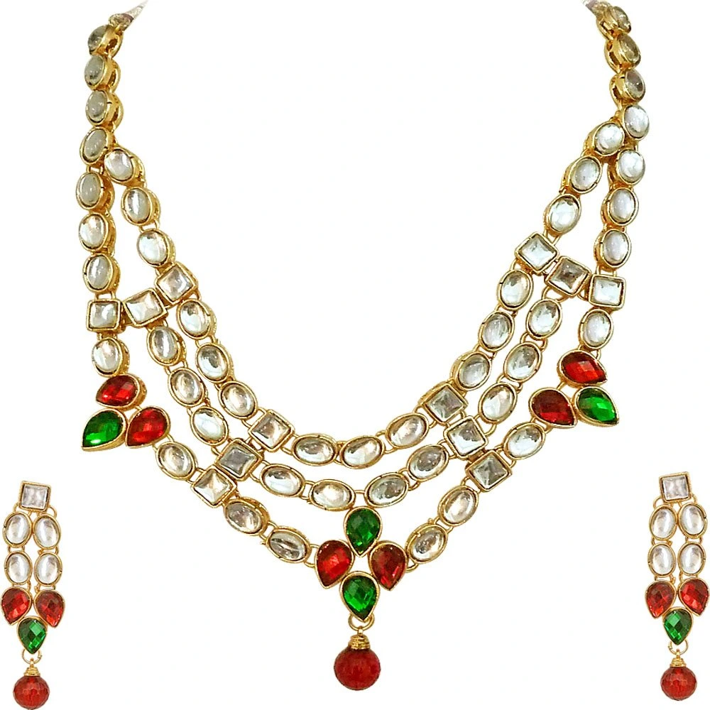 Traditional Red Green White Polki Necklace with Earrings (PS133)