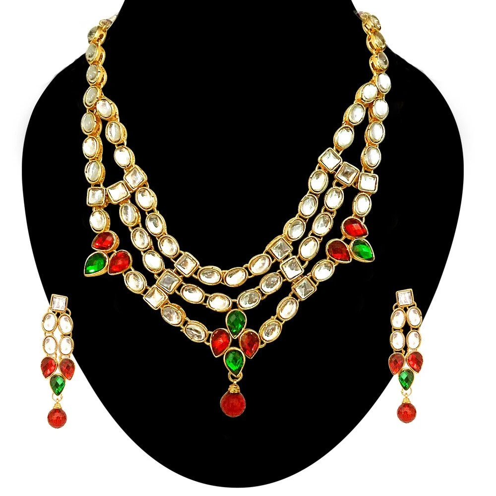 Traditional Red Green White Polki Necklace with Earrings