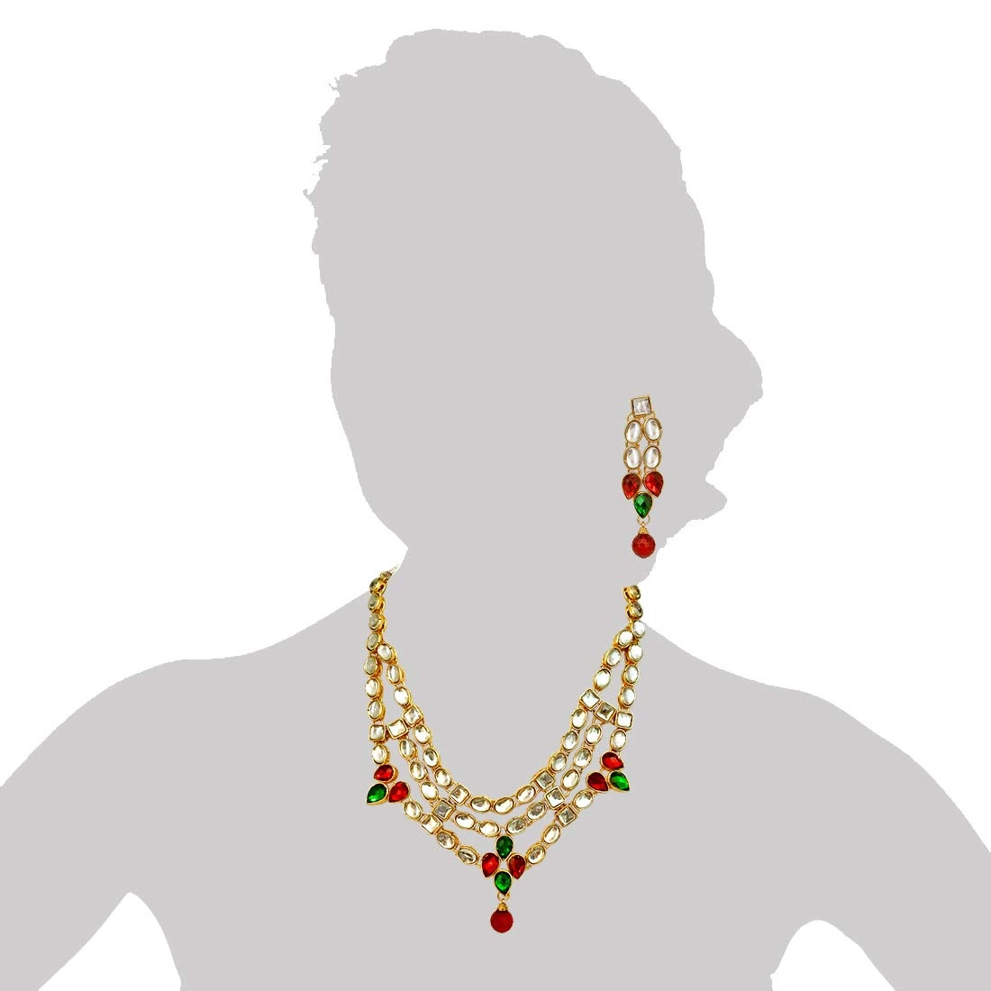 Traditional Red Green White Polki Necklace with Earrings
