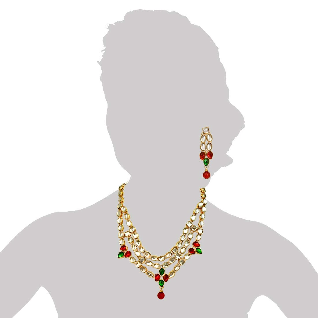 Traditional Red Green White Polki Necklace with Earrings (PS133)