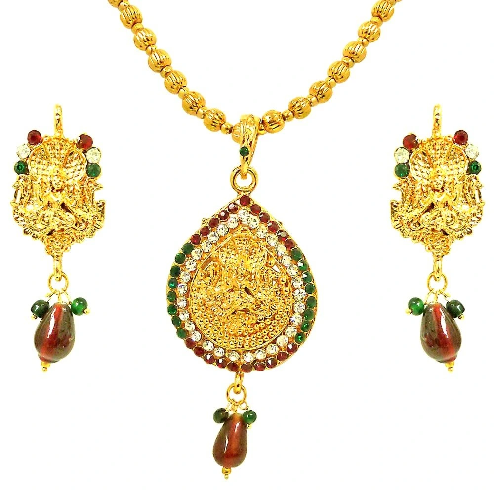 Red, Green & White Kundan Polki Goddess Motif Fashion Jewellery Set (PS246)