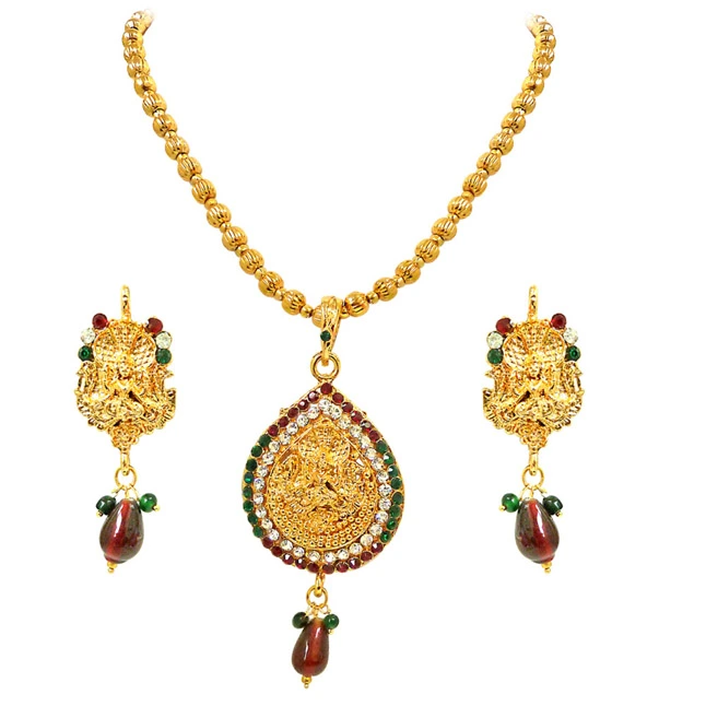 Red, Green & White Kundan Polki Goddess Motif Fashion Jewellery Set (PS246)