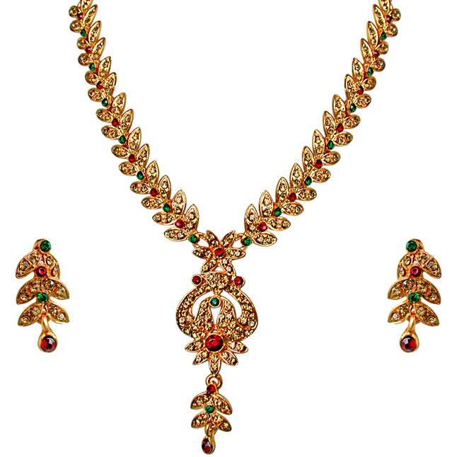 Traditional Red, Green & Yellow Coloured Stone Floral Shaped Necklace & Earrings Set