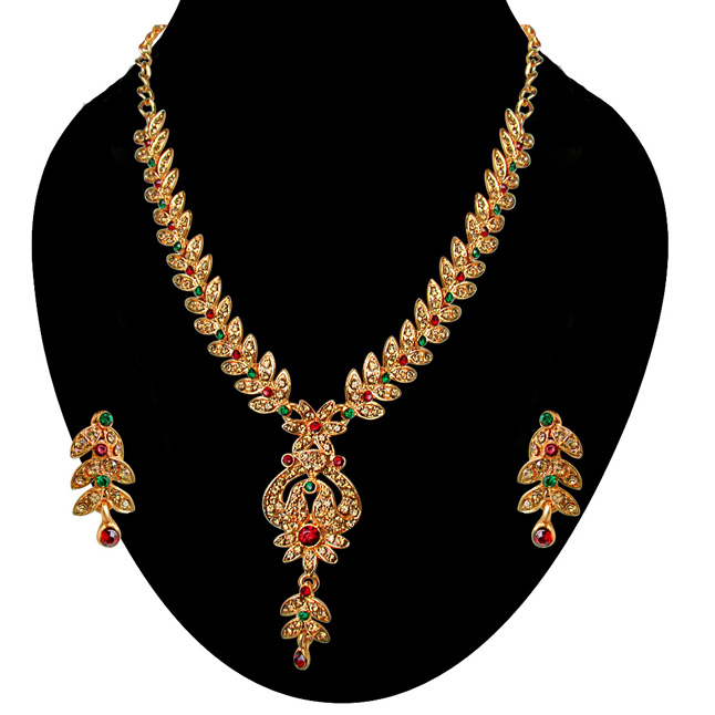 Traditional Red, Green & Yellow Coloured Stone Floral Shaped Necklace & Earring Set (PS259)