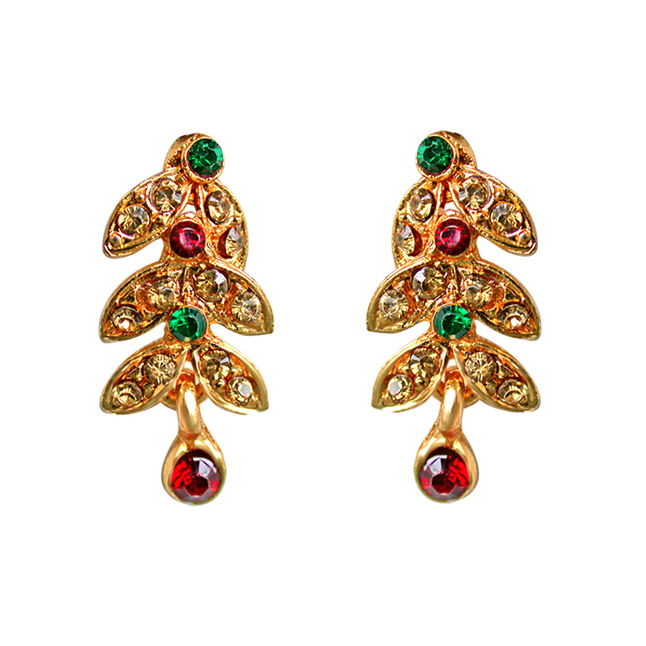 Traditional Red, Green & Yellow Coloured Stone Floral Shaped Necklace & Earrings Set