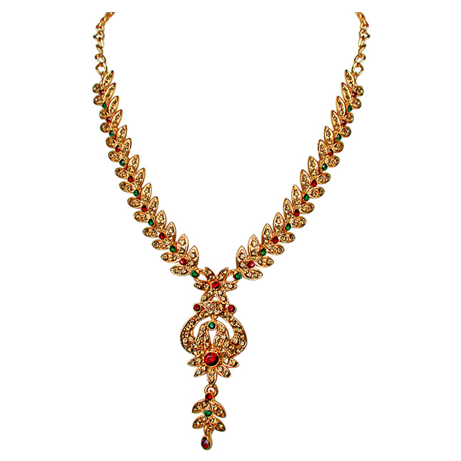 Traditional Red, Green & Yellow Coloured Stone Floral Shaped Necklace & Earring Set (PS259)