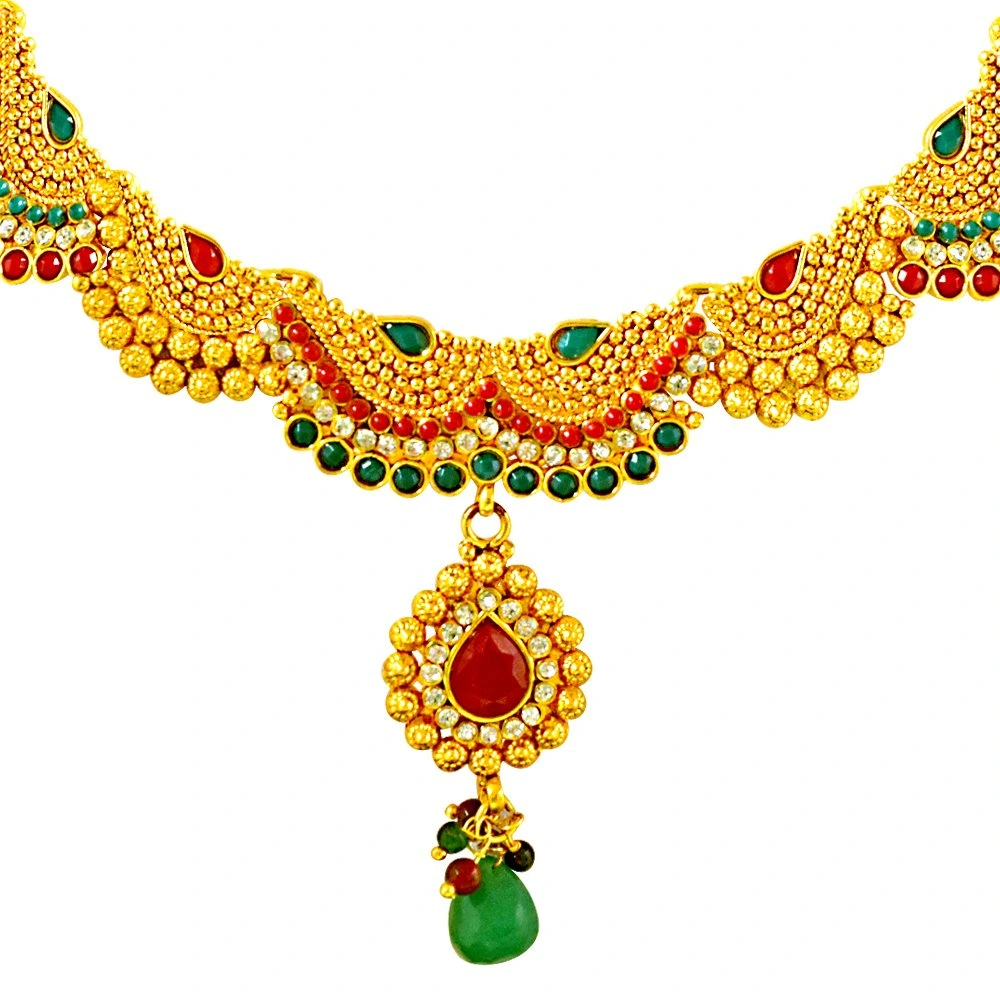 Curved Red, Green & White Stone & Gold Plated Necklace Earring & Tikka Ethnic Fashion Jewellery Set (PS264)