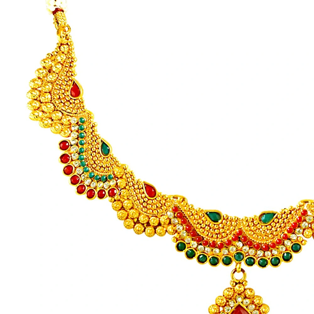 Curved Red, Green & White Stone & Gold Plated Necklace Earring & Tikka Ethnic Fashion Jewellery Set (PS264)