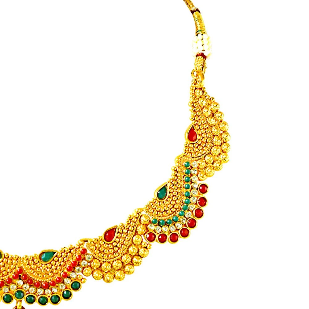 Curved Red, Green & White Stone & Gold Plated Necklace Earring & Tikka Ethnic Fashion Jewellery Set (PS264)