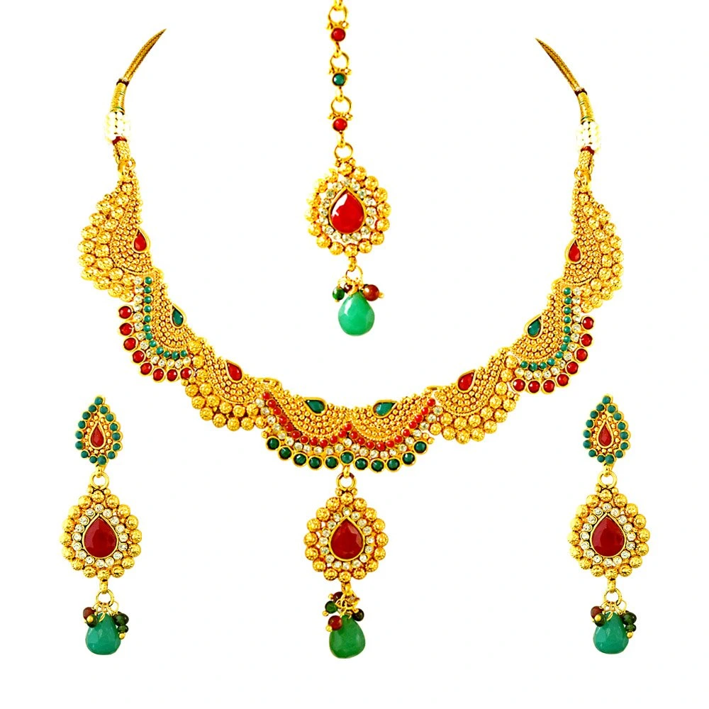 Curved Red, Green & White Stone & Gold Plated Necklace Earring & Tikka Ethnic Fashion Jewellery Set (PS264)