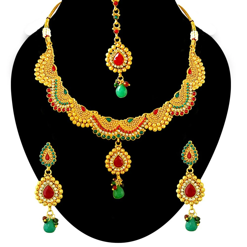 Curved Red, Green & White Stone & Gold Plated Necklace Earring & Tikka Ethnic Fashion Jewellery Set (PS264)