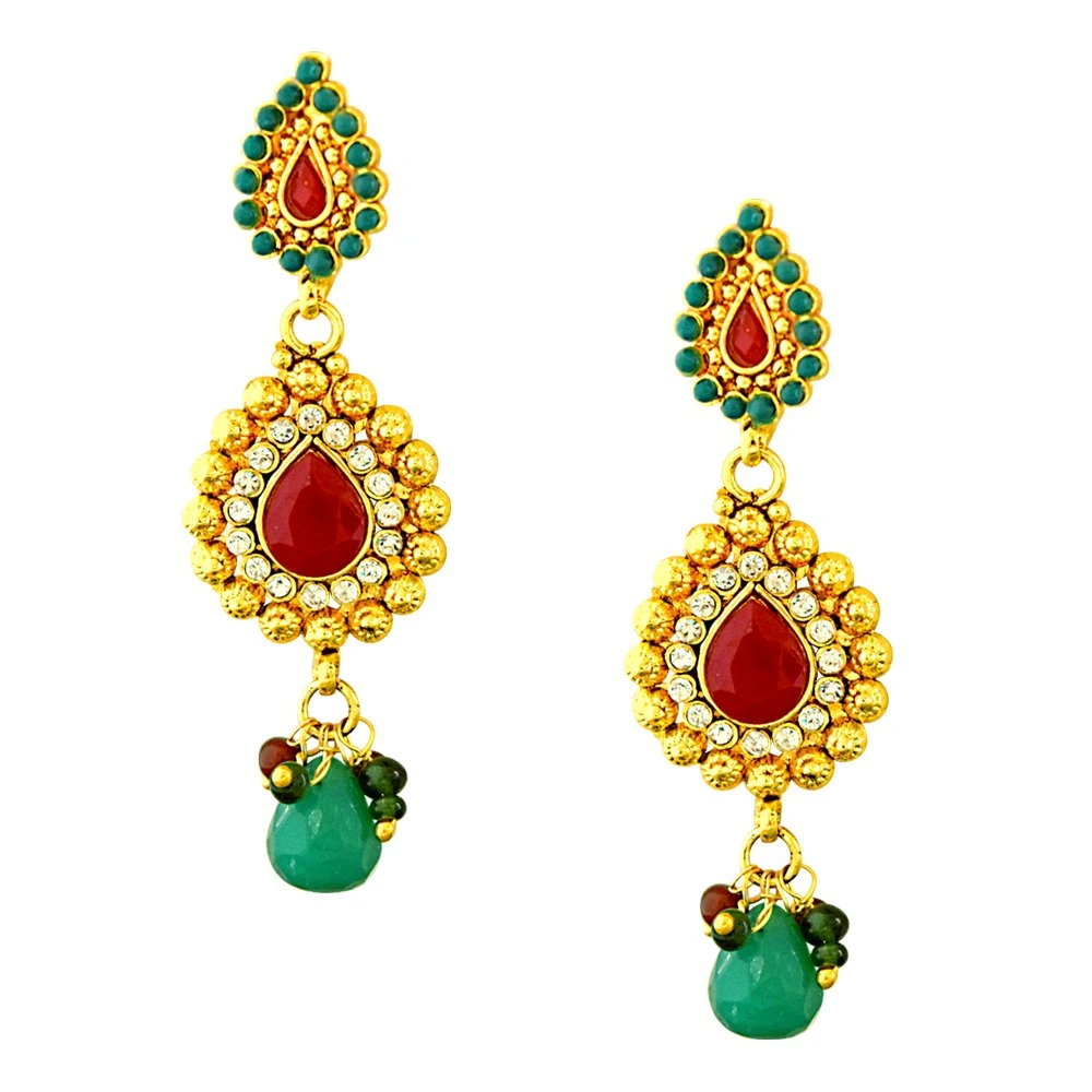 Curved Red, Green & White Stone & Gold Plated Necklace Earring & Tikka Ethnic Fashion Jewellery Set (PS264)