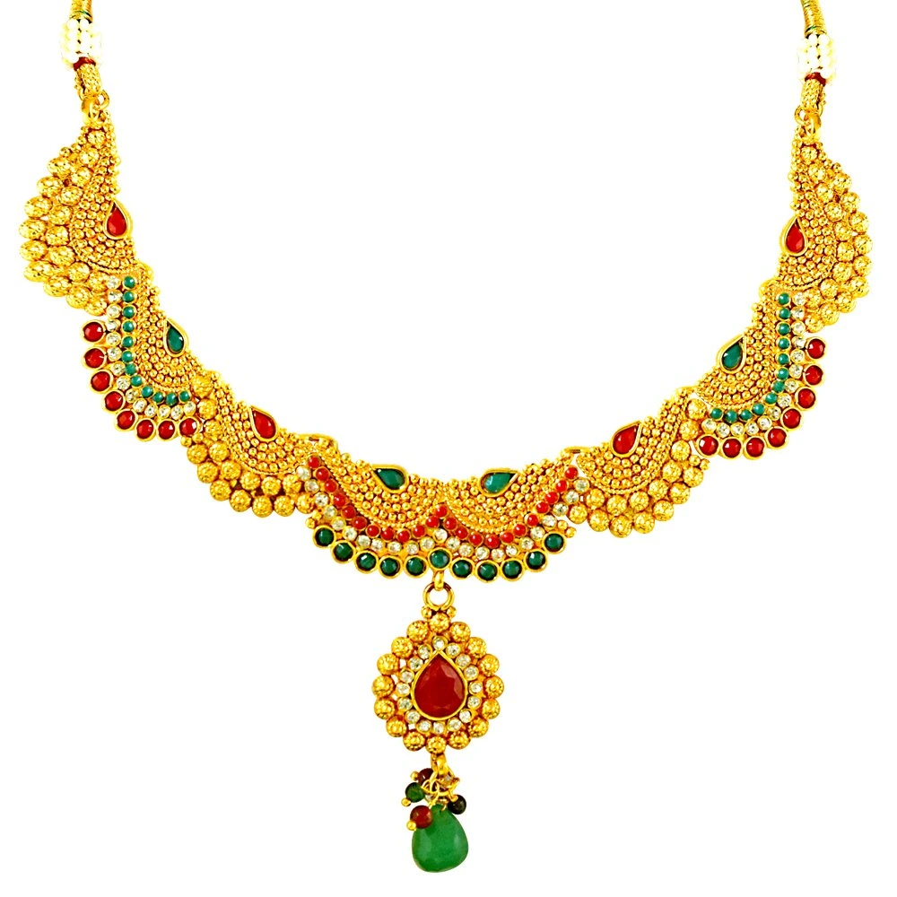 Curved Red, Green & White Stone & Gold Plated Necklace Earrings & Tikka Ethnic Fashion Jewellery Set