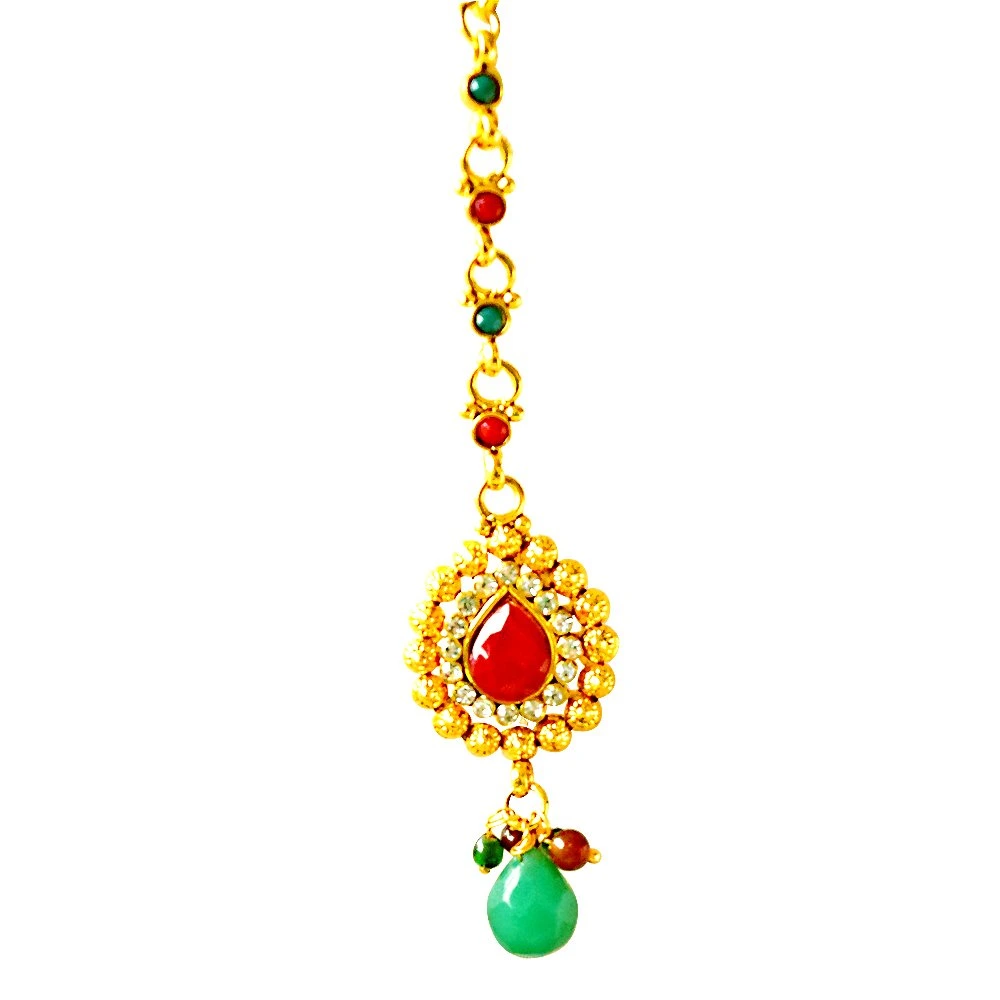 Curved Red, Green & White Stone & Gold Plated Necklace Earrings & Tikka Ethnic Fashion Jewellery Set