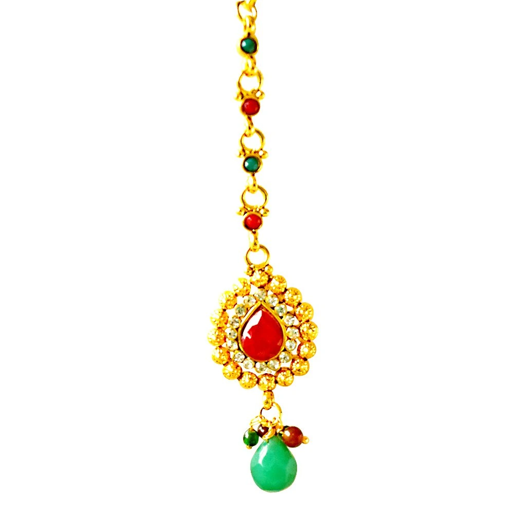 Curved Red, Green & White Stone & Gold Plated Necklace Earring & Tikka Ethnic Fashion Jewellery Set (PS264)