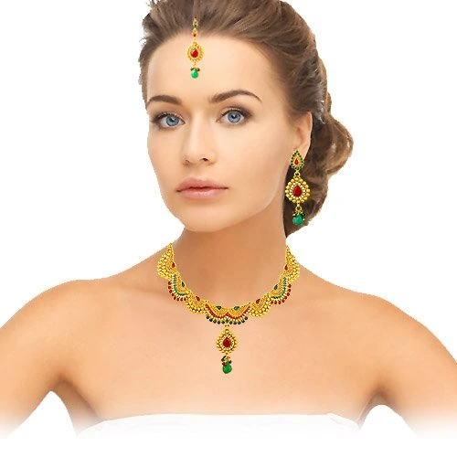 Curved Red, Green & White Stone & Gold Plated Necklace Earring & Tikka Ethnic Fashion Jewellery Set (PS264)