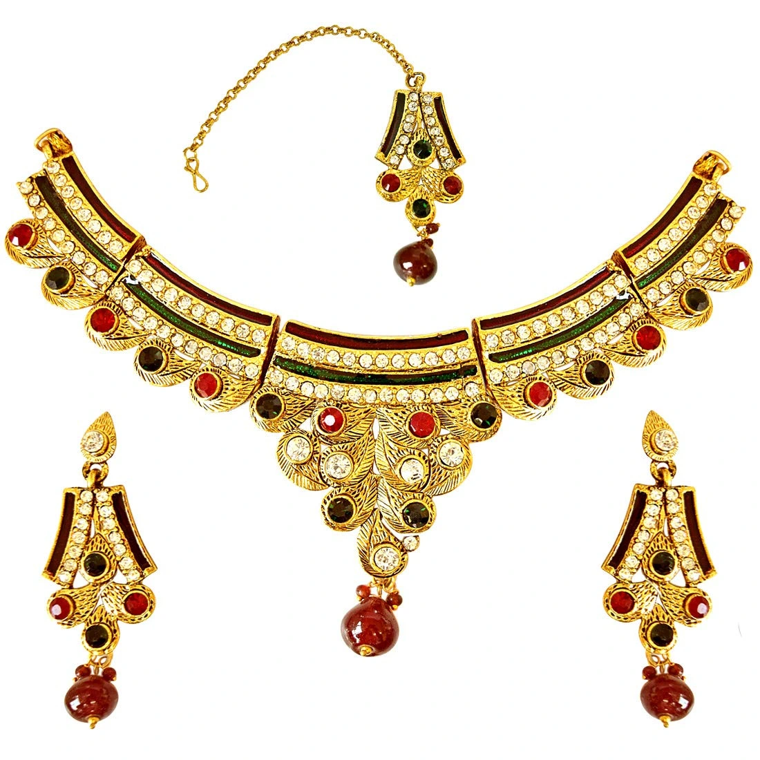 Geometrical Shaped Red, Green & White Coloured Stone & Gold Plated Necklace Earrings & Manga Tikka Set with Enamel for Women
