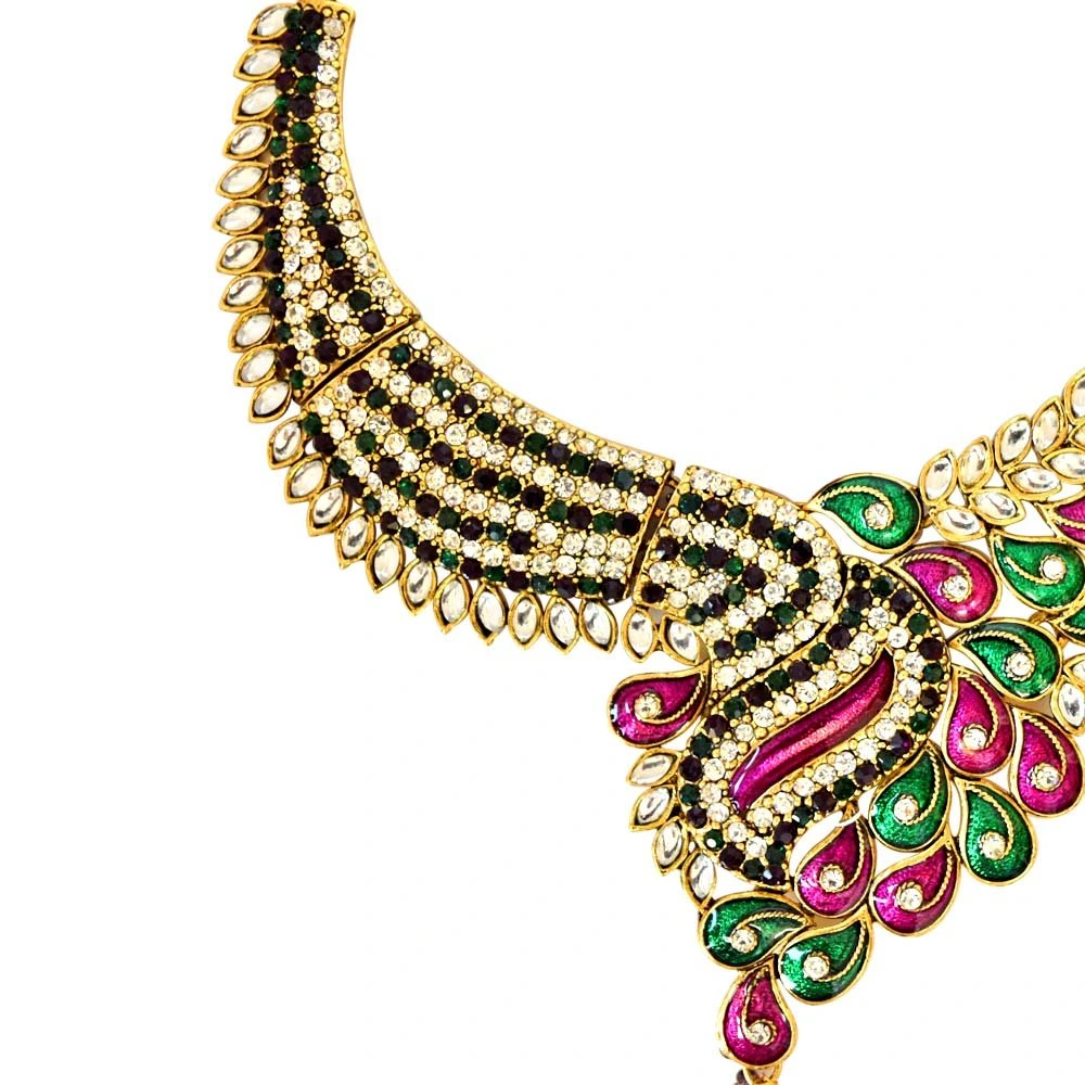 Green & White Coloured Stone, Pink & Green Enamelled Gold Plated Necklace Earrings & Manga Tikka Set for Women